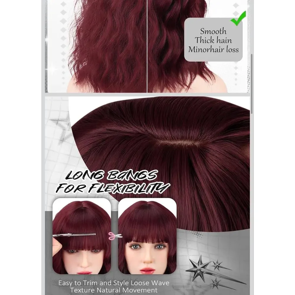 VIIYEESS Wine Red Wavy Bob Wig with Bangs 14” Synthetic Heat Resistant